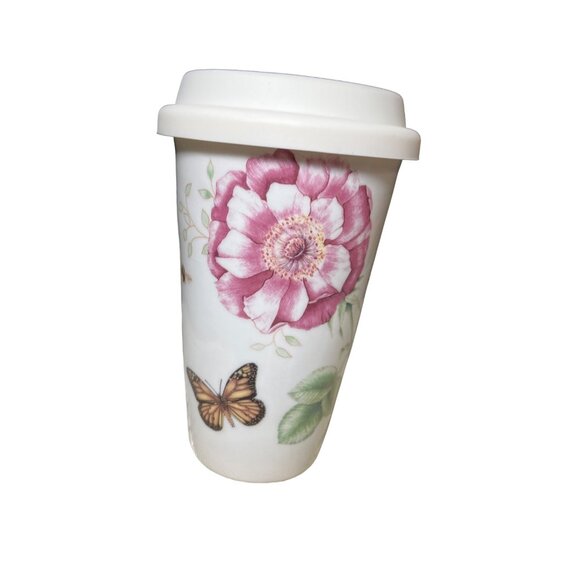 Lenox Butterfly Meadow Ceramic Travel Mug Tumbler 10oz Silicone Lid - Picture 2 of 11